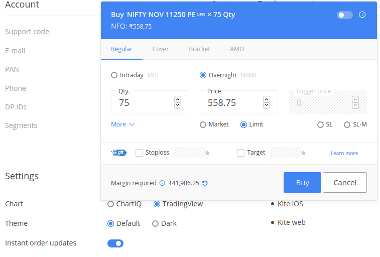 ankurpatel4888's tweet photo. @zerodha The Dark theme has no incremental or decremental arrows for increasing or decreasing the order size or price which is can be found in default theme https://t.co/wnOCVeRGiG