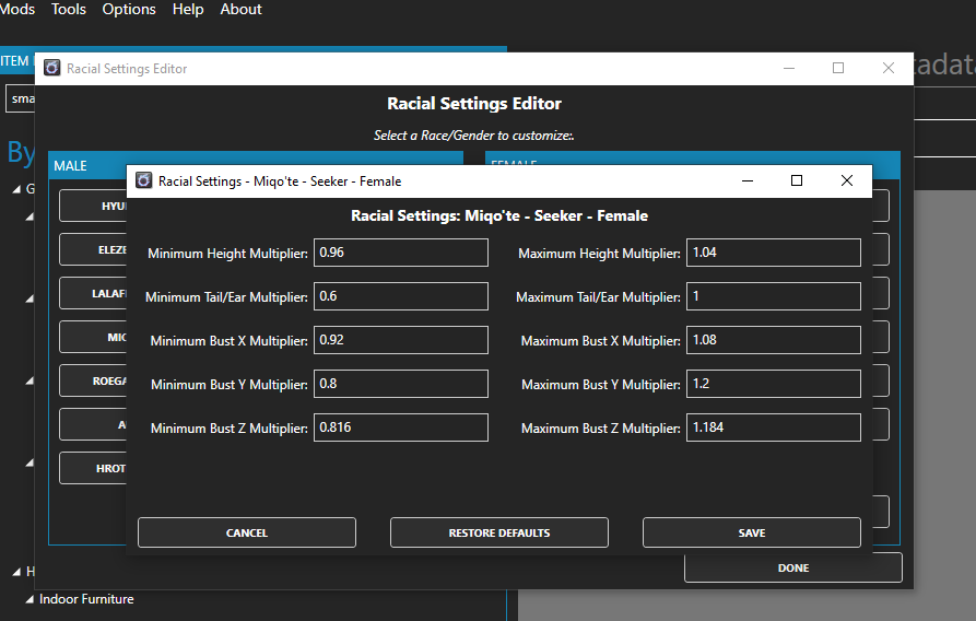 nightboysfm's tweet photo. @WarlordRexx I was thinking about it, why rescaling if the tool can export at the right scale ? Just make a body per race.
1st pic: I'm not entirely sure but this option should affect export, and so race scaling.
2nd pic: In menu "Tools\Edit racial settings" you might also find useful values. https://t.co/sybdgw8Nyx