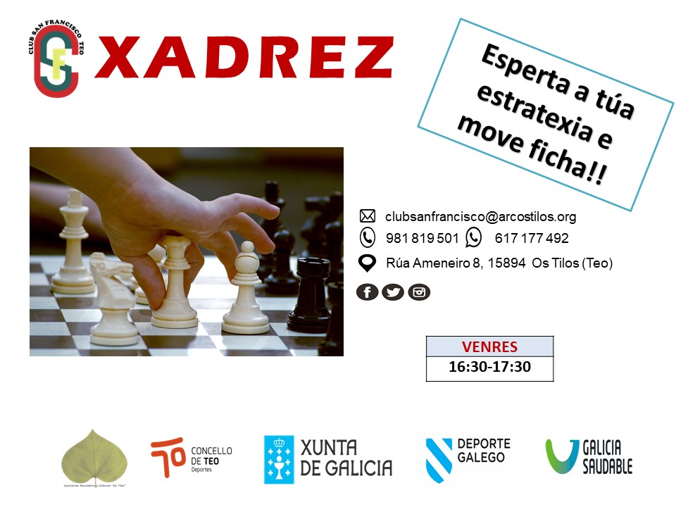 CSFTeo's tweet image. En outubro volvemos poñer as pezas ♟♟no taboleiro e adestrar as estratexias para unha gran partida, reserva a túa praza!!
#XadrezCSFTEO Concello de Teo