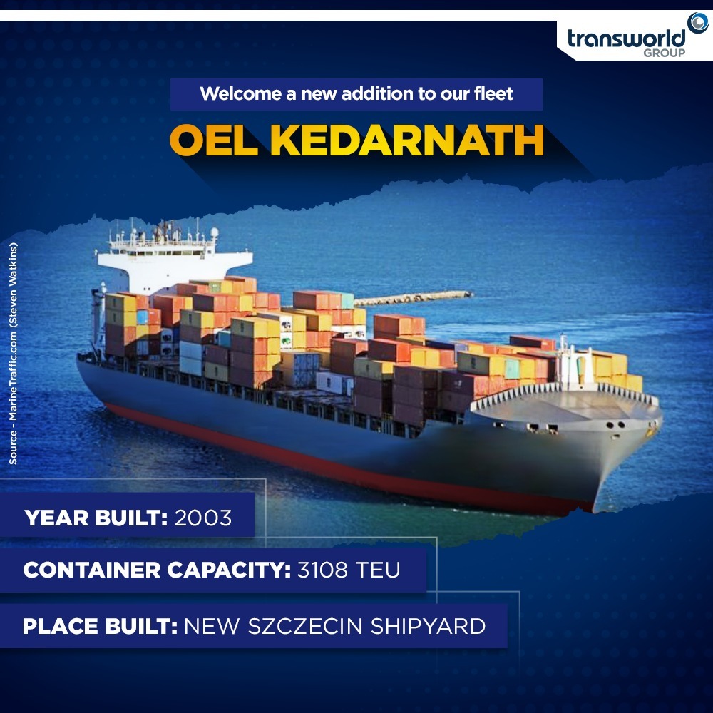 TransworldTweet's tweet photo. Here's presenting our latest Ship #MVOELKedarnathπ’
We proudly announce that #TransworldGroup had bought MV OEL Kedarnath (Capacity: 3,180 TEU & DWT: 41,850 tons), making this our 4th Panamax unit & 23rd addition to our fleet.
#KnowOurShip #OELKedarnath #ContainerVessel #Saxonia https://t.co/H4QvtQv3xZ