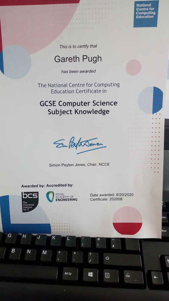 MrTPugh_PGS's tweet image. Despite the lockdown still managed to push my subject knowledge. Finally time to put it all into practice! Huge thanks to all the tutors at NCCE @WeAreComputing #CSA1000 #Certified