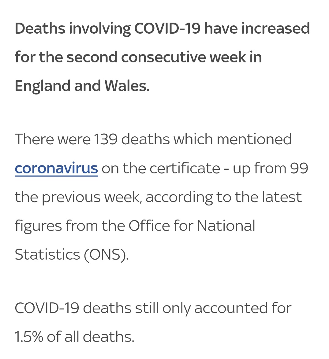  @SkyNews Why use ambiguous words like "involving" and "mentioned?"Why the choice of headline without context if:-"Covid-19 deaths still only accounted for 1.5% of all deaths"