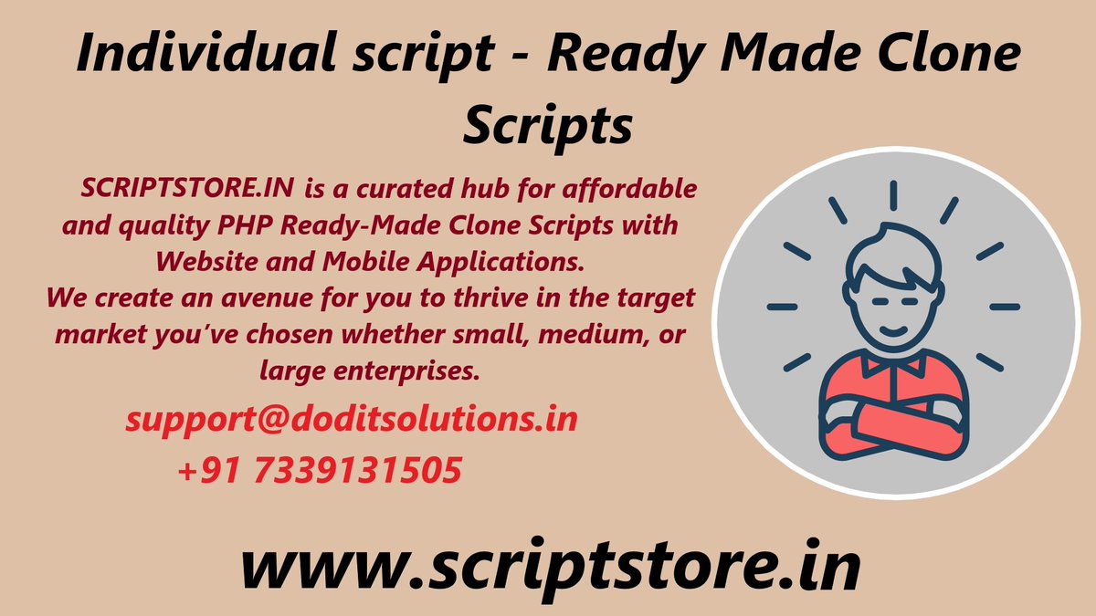 Dod_itSolutions's tweet image. #Individual_Script , #Readymade_Clone_Script , #Ecommerce_Clone_Script , #Scriptstore.in
Contact :
Skype ID : doditsolutions
Email : support@doditsolutions.in , info@doditsolutions.com
Mobile   : +91 7339131505
Landline : 0431-4000616
Link : scriptstore.in/clones/individ…