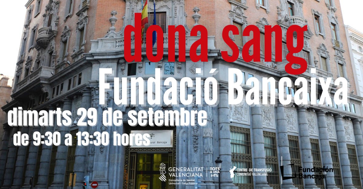 GVAdonasang's tweet photo. Donació de sang a #València
📆 Dimarts  29 de setembre
📌 Fundació Bancaixa
🕘 09:30-13:30
Uneix-te a #Donanters. 𝐋𝐀 𝐗𝐀𝐑𝐗𝐀 𝐌𝐄́𝐒 𝐒𝐎𝐂𝐈𝐀𝐋❤️ https://t.co/vaQZf7EfaR