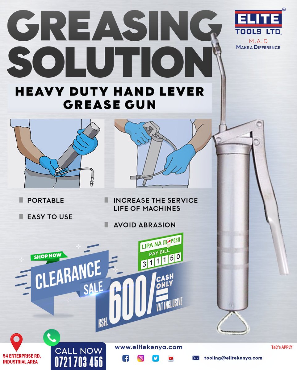 elite_toolsltd's tweet image. 𝗚𝗿𝗲𝗮𝘀𝗶𝗻𝗴 𝗦𝗼𝗹𝘂𝘁𝗶𝗼𝗻 - 𝗛𝗲𝗮𝘃𝘆 𝗗𝘂𝘁𝘆 𝗛𝗮𝗻𝗱 𝗟𝗲𝘃𝗲𝗿 𝗚𝗿𝗲𝗮𝘀𝗲 𝗚𝘂𝗻
𝗖𝗹𝗲𝗮𝗿𝗮𝗻𝗰𝗲 𝗦𝗮𝗹𝗲!

𝗢𝗥𝗗𝗘𝗥 𝗡𝗢𝗪 using our 𝗠𝗽𝗲𝘀𝗮 𝗣𝗮𝘆𝗯𝗶𝗹𝗹 𝗡𝗼.𝟯𝟭𝟭𝟭𝟱𝟬, Account No.(your name).

#EliteMAD #ClearanceSale #Greasing