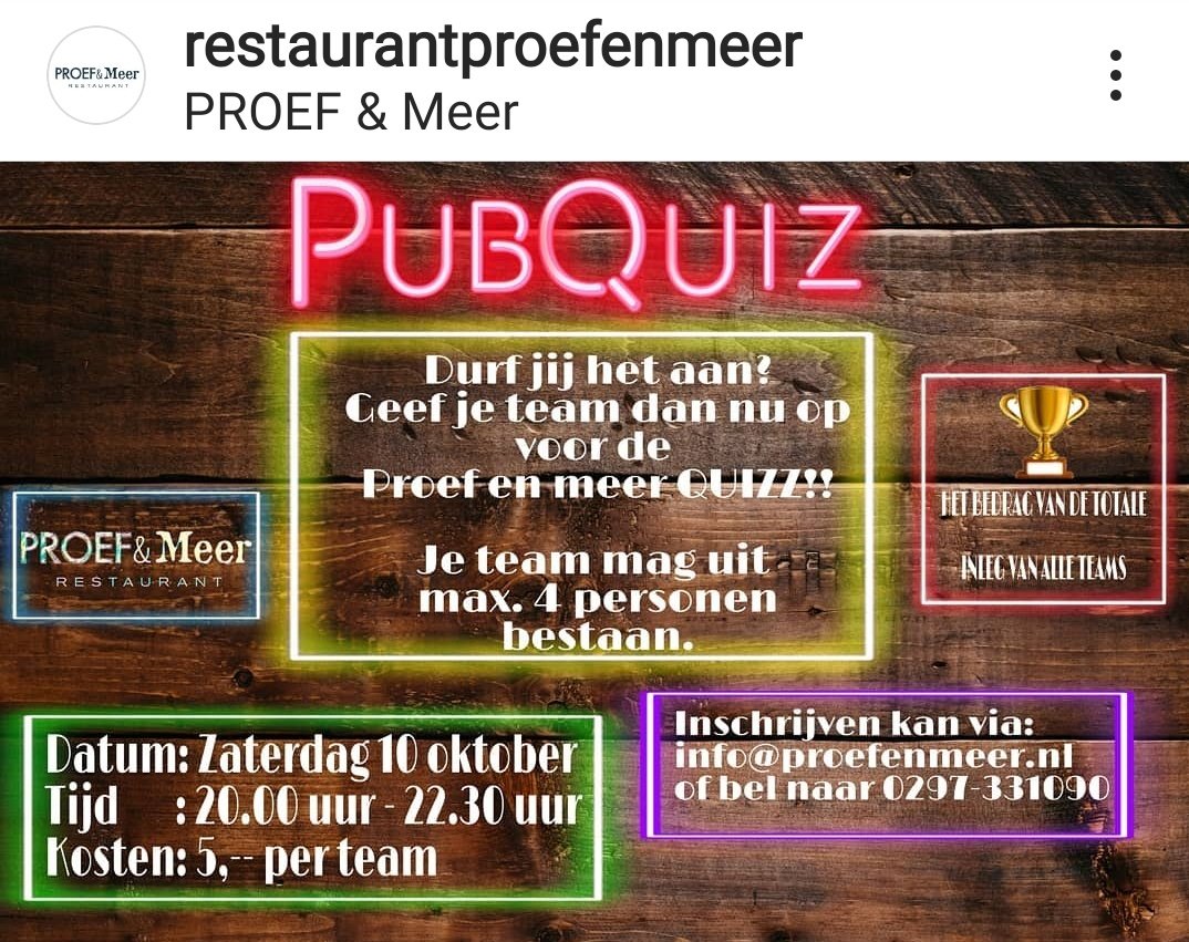 10 oktober is het zover: Proef &amp; Meer pubquiz! Ga jij de strijd aan? Meld je dan aan via info@proefenmeer.nl en wie weet wint jouw team de pot!