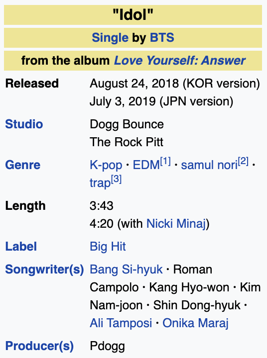 Dear Baby ARMYs, If you look up Idol, you'll see it's considered to be multiple genres, including samul nori. Samul nori literally means "play with four things" and it's a traditional Korean music made from percussion instruments, often performed while dancing and spinning.