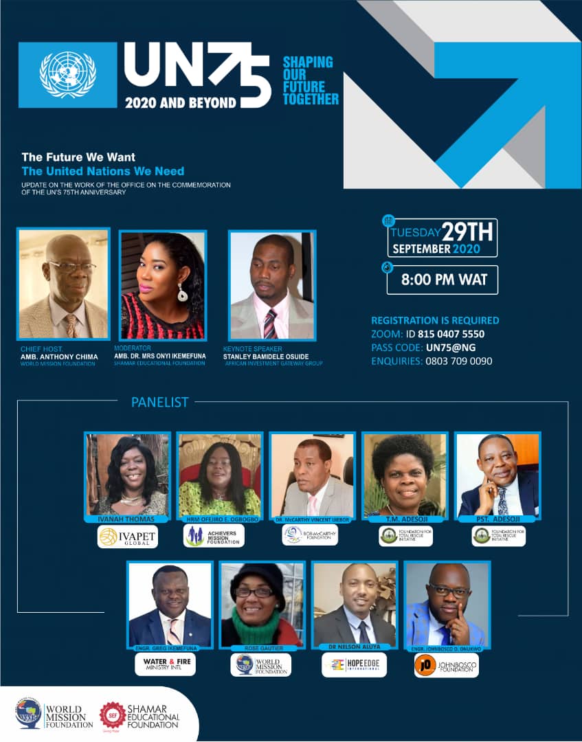 NiglGateway's tweet photo. Join Mr Stanley Osuide as the keynote speaker at #UN75 today 29th September 2020 by 8:00 pm WAT.
Register via this link πππ https://t.co/T9Y5wN6rLe as we shape our future together.
#UN #UNESCO #worldmissionfoundation #UnitedNations #un75thanniversary #AIGG #UNWeNeed https://t.co/pehtvQtHeW