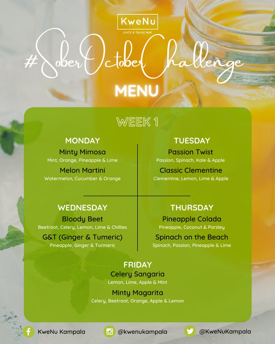 KweNuKampala's tweet photo. It's nearly October! Ready for the #SoberOctoberChallenge? Getting those last glasses (read bottles 😂) of wine in? Psst. We are too!
As we gear up, here's our menu! With some of these mocktails, you might not miss your liquor too much. 😉 Which are you most excited to try? https://t.co/DG4Y43HSCX