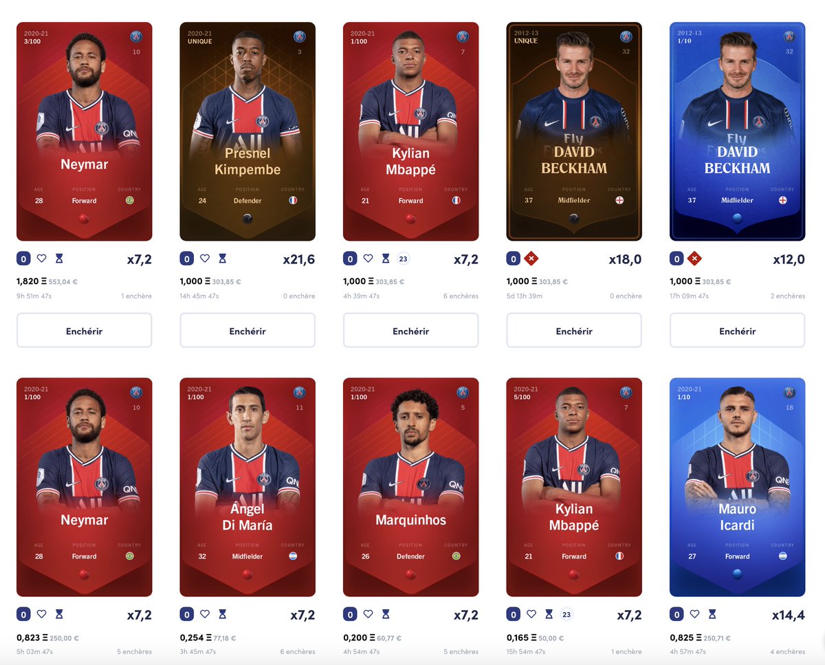  Le  @PSG_inside devient le club de foot le plus crypto du monde Déjà présent dans l'écurie  @socios, il rejoint le fantasy game blockchain  @SorareHQ. On achète des tokens NFT représentant des joueurs pour les faire jouer dans son équipe et affronter d'autres gamers 