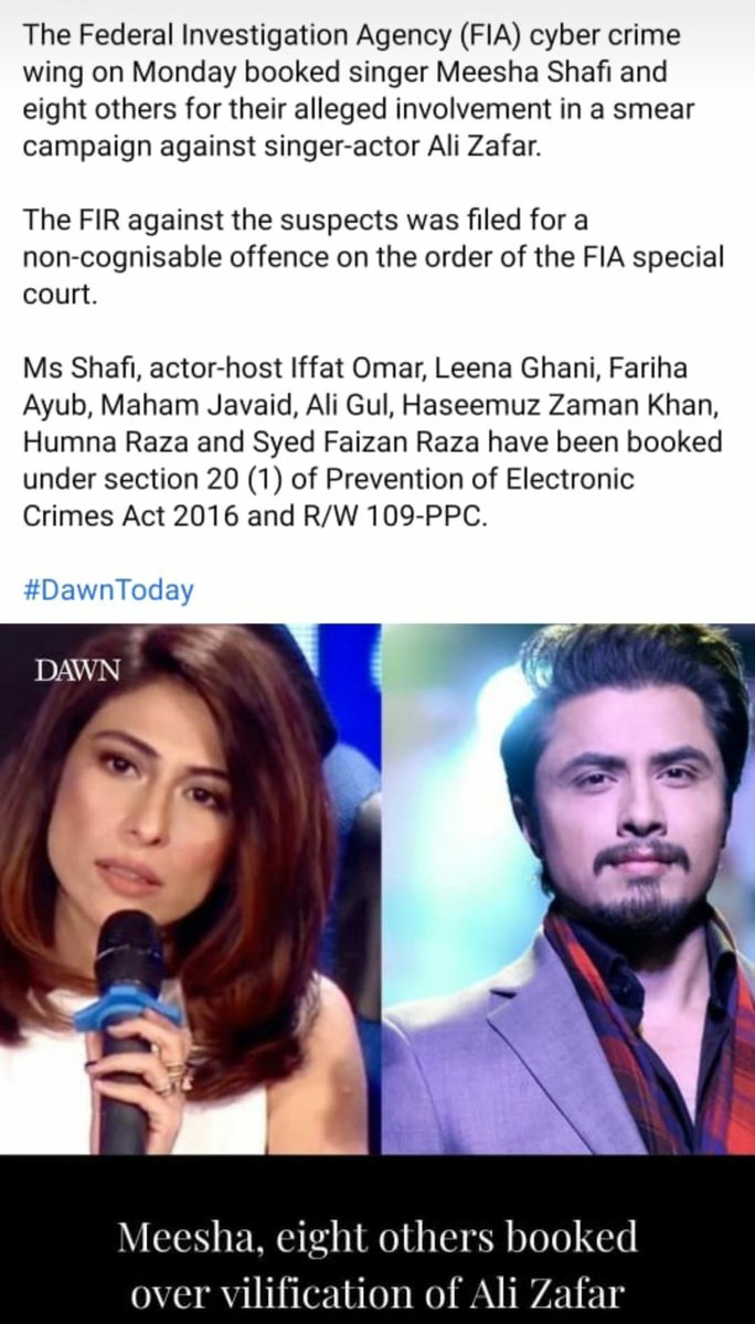 ambreenqureshi's tweet photo. #MeeshShafi and 8 others booked for vilification against @AliZafarsays by the @fiacybercrime wing. After more than 2 years of investigation in light of overwhelming evidence, justice takes its course once again. #metoo #falseallegations #cybercrime https://t.co/G68kB2uOf8