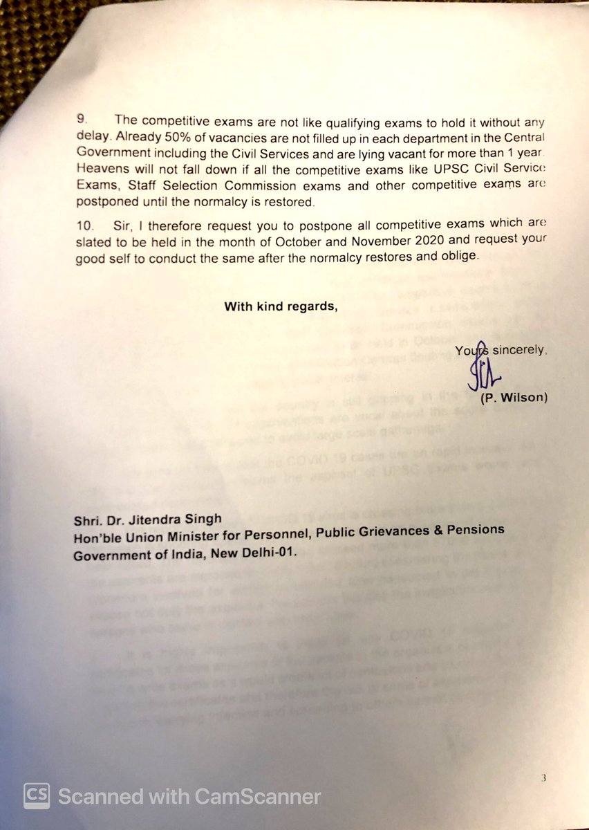 PWilsonDMK's tweet photo. I appeal to @DrJitendraSingh to refer to my zero hour speech made in Parliament and the rep given to your goodself  seeking #postponeupsc
If age bar is the reason, power to relax the age can be exercised. UPSC can’t play with the lakhs of aspirants’ safety. https://t.co/GCIG6jds1v