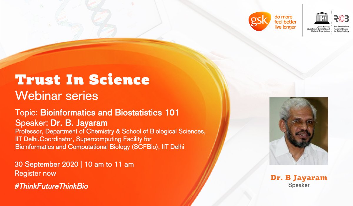Have you ever wanted to know how bioinformatics and biostatistics are used to discover a new drug? Then this webinar is for YOU! Discuss with Dr. B. Jayaram, <a href="/iitdelhi/">IIT Delhi</a>. Sign up: trustinscience.in
#ThinkFutureThinkBio
<a href="/SudhanshuVrati/">sudhanshu vrati</a>
<a href="/iitdelhi/">IIT Delhi</a>
<a href="/SCFBIO_IITD/">SCFBio</a>
<a href="/GSK/">GSK</a>
<a href="/IndiaDST/">DSTIndia</a>