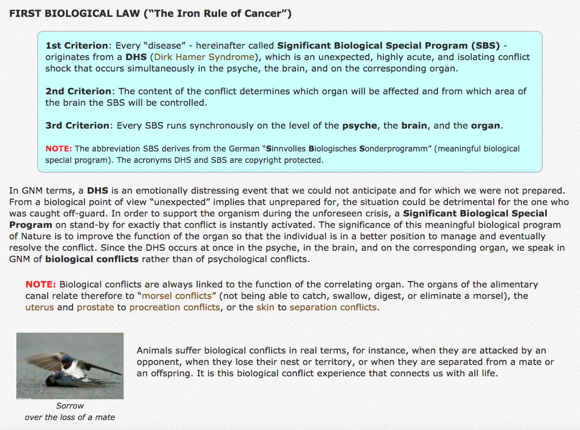 472) First Law (“The Iron Rule of Cancer”)Every “disease,” or SBS, is induced by “an unexpected, highly acute, and isolating conflict shock,” also known as a Dirk Hamer Syndrome (DHS), which occurs simultaneously on three levels—consciousness, brain, and corresponding organ.