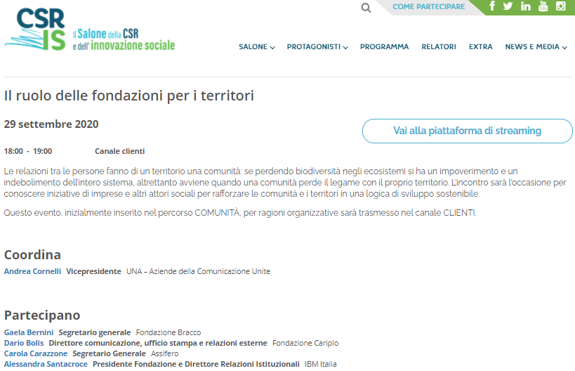 Oggi #29settembre h. 18 in occasione del Salone della #CSR e dell'#innovazionesociale, il Vicepresidente UNA Andrea Cornelli coordinerà la sessione “Il ruolo delle #fondazioni per i territori”  In diretta streaming, previa registrazione. csreinnovazionesociale.it/evento/il-ruol…