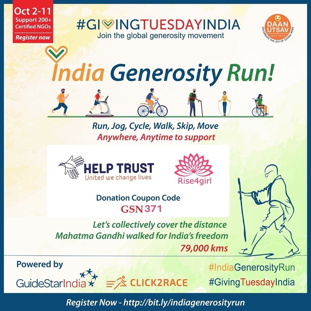 Rise4Girl's tweet photo. Participate in the India Generosity Run using the Donation code GSN371 to support Rise4girl. 
Registration link:
https://t.co/xCIA2cNtij

DM to know more.
#GivingTuesday #indiagenerosityrun #virtualrun #charityrun #runforcause #girleducationmatters #runforeducation #runforchange https://t.co/glT3GFj1Dl