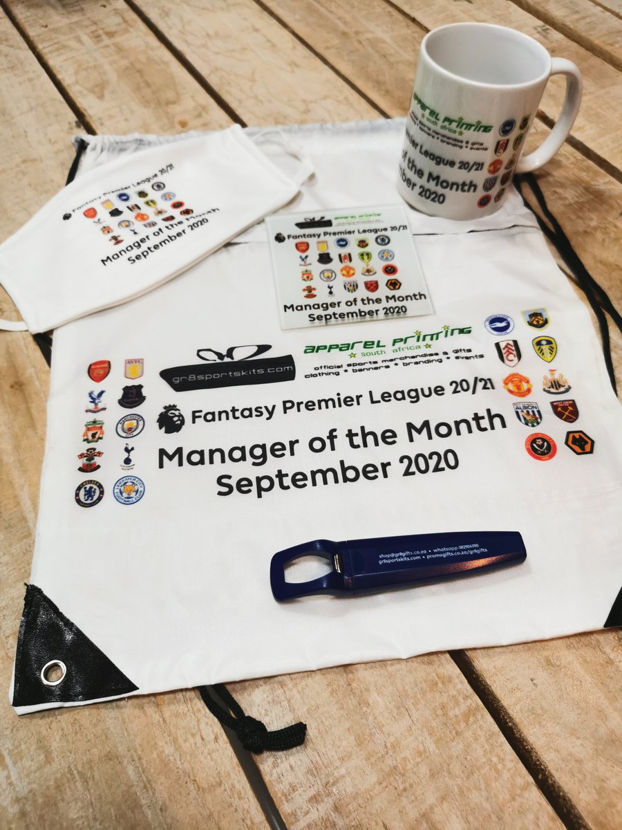 ApparelPrintZA's tweet photo. Congrats to BazFC for winning the Manager of the Month for September 2020, this is the pack the winner gets. We are giving away a unique 1 of a kind pack like this for every month of the EPL season. Our mini-league closes for new entries end of this Sept 2020 so join it asap https://t.co/5ZoK9uDbBw