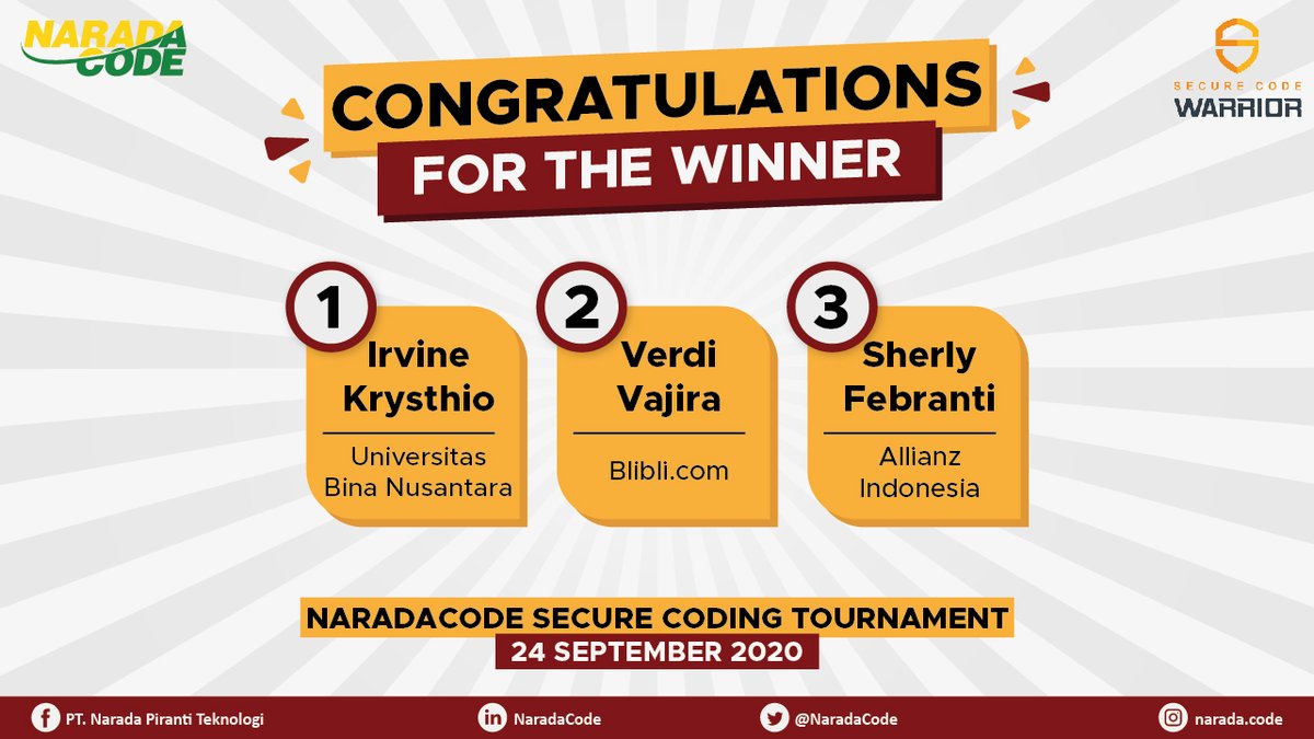 NaradaCode's tweet image. Congratulations for our winners of NaradaCode Secure Coding Tournament, it was a great time!
We are looking forward to see you on our next tournament! Stay tuned!
#securecodewarrior
#securecodingtournament
#naradacode