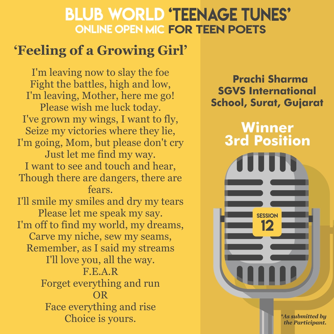 BlubWorld's tweet photo. Here are the poems of our Super Talented Teen Poets, and the winners of Blub World 'Teenage Tunes' Open Mic - Session - 12
#blubworld #blubworldpoetry #wordsbyveenabhavneshgaur #teenmagazine #india #poetry #schoolstudents #children #goodread #interestingcontent https://t.co/0ZFTOs9MMC