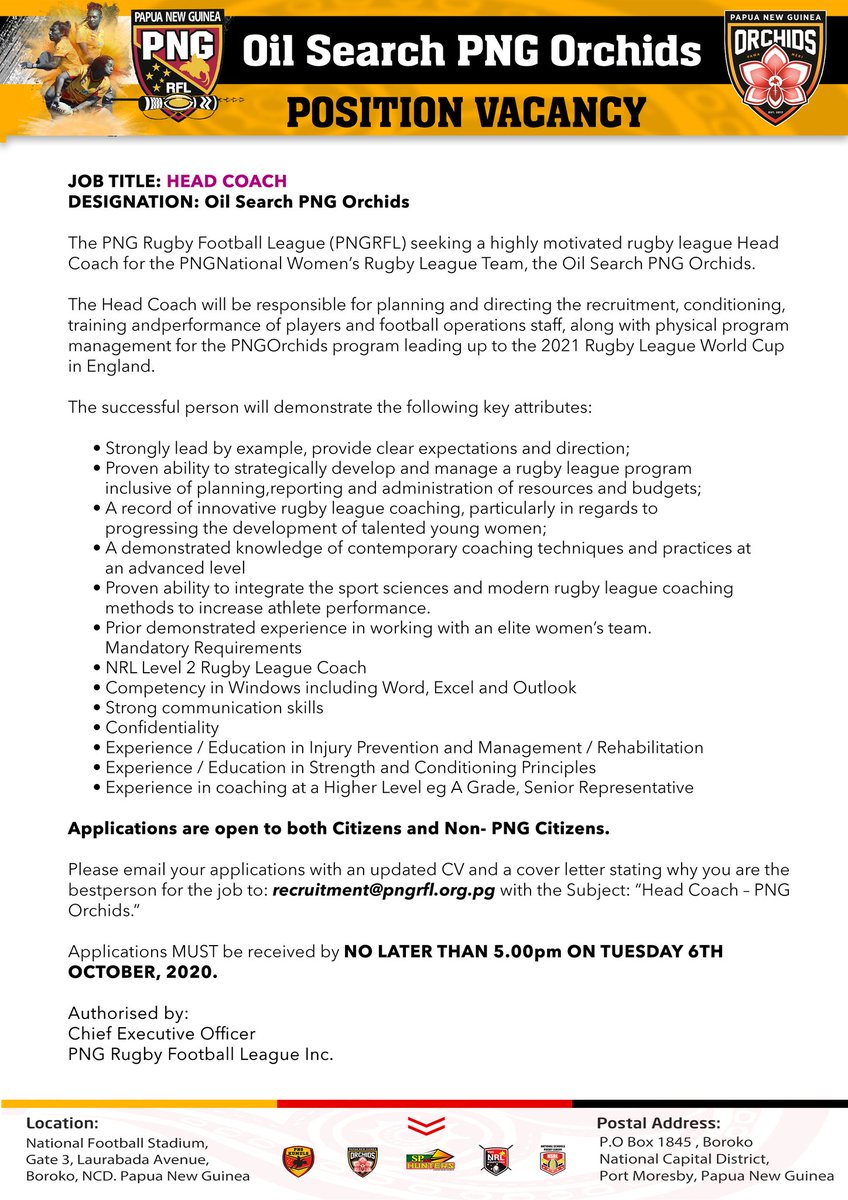 PNGRFL_Official's tweet photo. The PNGRFL are seeking applications for the role of Head Coach for our national women's rugby league team, the @PNGOrchids

Interested applicants can send their applications to recruitment@pngrfl.org.pg by Tuesday 6th October 2020.

#pngorchids #PNG #papuanewguinea #rugbyleague https://t.co/lDxRF3chsd