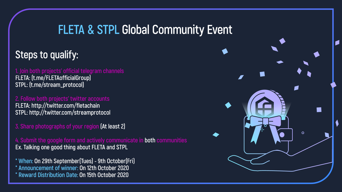 MEVerseOfficial's tweet photo. FLETA and @streamprotocol hold a Global Community Event!
๐ธShare pictures of your daily lives and get 300 STPL or 1000 FLETA tokens!๐ธ
Though we cannot visit you, we want to know many aspects of your everyday lives that are ordinary but beautiful๐
#event #Giveaway #FLETA https://t.co/20ORa9LvSe