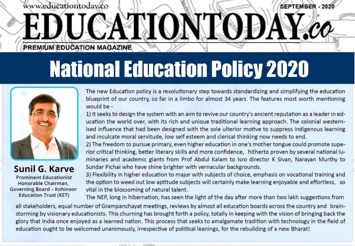 KASKhandala's tweet photo. The new Education policy  is a  revolutionary step towards standardizing and simplifying the education blueprint of our country. CA. Sunil G. Karve, HonoUrable Chairman, Governing Board - Kohinoor Education Trust (KET) shared his views on the National Education Policy 2020. https://t.co/QU9i8yNI6F
