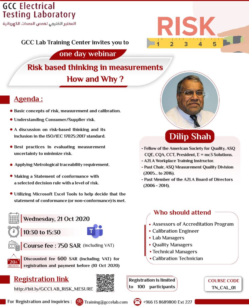 GCCELAB's tweet image. #GCCLAB Training Center invites you to one day webinar &quot;Risk based thinking in measurements&quot; . Early bird discount is offered for registration and payment by 10 Oct .