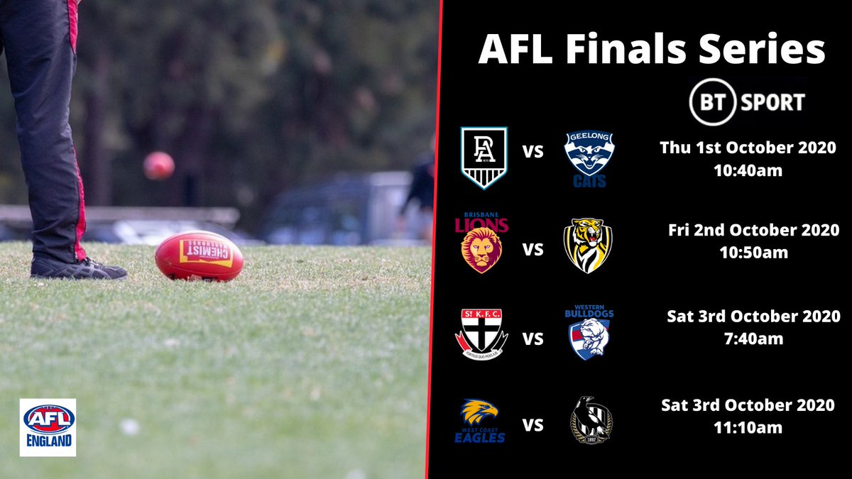 Are you ready for the AFL Finals? We are!

Here's a schedule of where you can watch this weeks games in England. 

Anyone got any predictions?