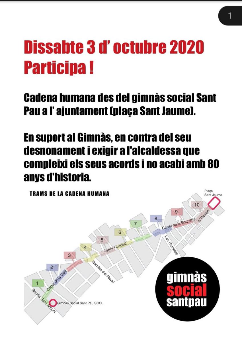 salvemelsantpau's tweet photo. Salvar un gimnàs per salvar una ciutat
Apunta't a la cadena humana.
Dissabte 3d' Octubre a les 12:00
Tutorial per apuntar-se

#TicTacSantPau https://t.co/PYHifGY5wp