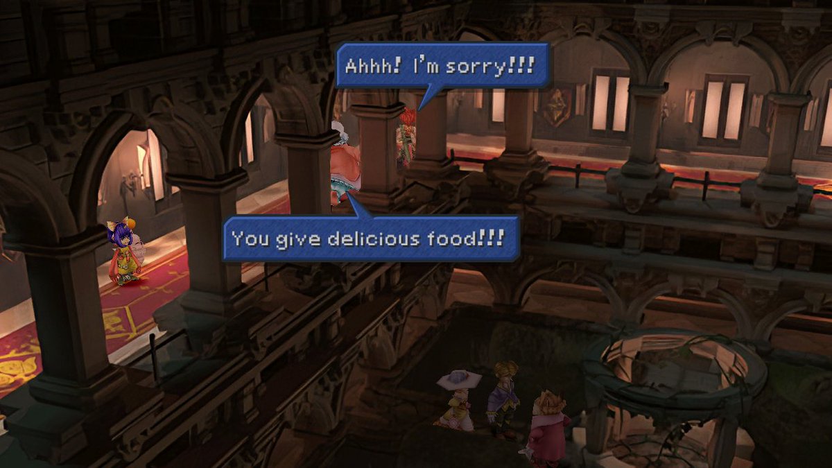 I am in LOVE with the way Quina vanishes from the party for no reason on disc 2 and hours later someone mentions dinner, on ANOTHER CONTINENT, and Quina just APPEARS like magic