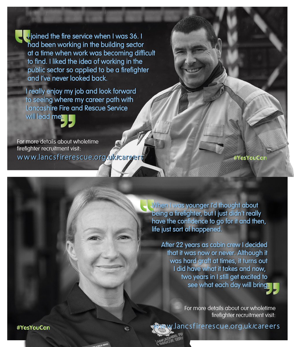 LancashireFRS's tweet photo. 1/2  Think it's too late to change your career? Not on your Nelly!... Meet Crew Manager Mercer and Firefighter Bottomley👇. Both were working in other sectors before applying to be wholetime firefighters. If you've ever thought about joining, what are you waiting for? https://t.co/PKfJ4wJE7m