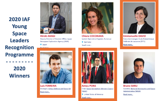 ISUnet's tweet photo. 2020 IAF Young Space Leaders Recognition Programme – 50% of the winners are @ISUnet ISU alumni. Congratulations to Emmanuelle David #SSP13, Luis Ferreira #SSP12, Arnau Pons #SSP15! And to all!
@iafastro #YSL
https://t.co/kBQdsHXse0 https://t.co/XTBuTc2CK1