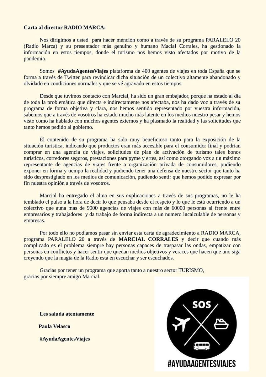 SosAgVi's tweet photo. Agradecimiento desde #ayudaagentesviajes a @RadioMARCA @Paralelo20 @MarcialBond @JIGallardo @rmarcasevilla @Marcador LA RADIO QUE ESCUCHA que ha dado voz a las agencias de viajes durante esta pandemia y estaremos eternamente agradecidos por su objetividad y su buen hacer. https://t.co/feEaMvFgLr