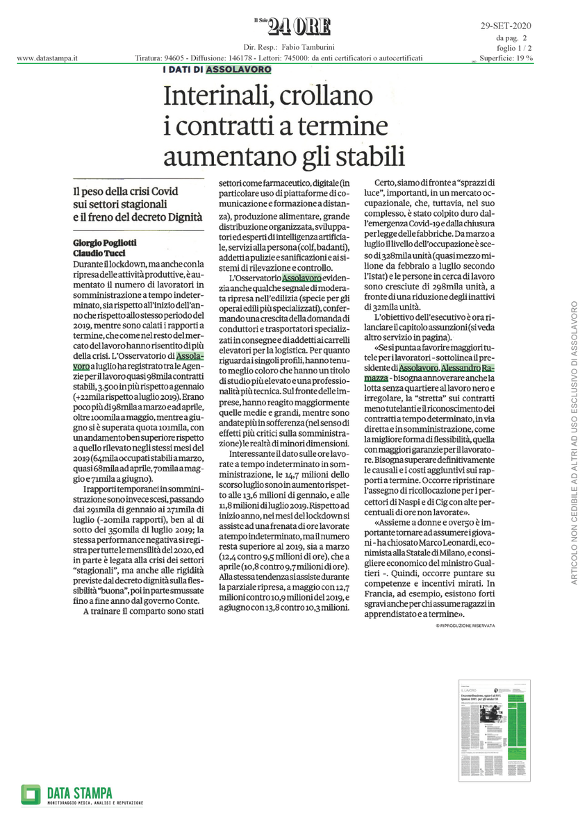 assolavoro's tweet photo. 📰Ramazza, Pres.#Assolavoro: per maggiori tutele per i lavoratori occorre lotta al #lavoronero e stretta sui contratti meno tutelanti, riconoscendo #tempodeterminato come forma di flessibilità con maggiori garanzie. Superare #causali e costi aggiuntivi sui CTD. #LavorodiValore https://t.co/ICsRDP9Qye