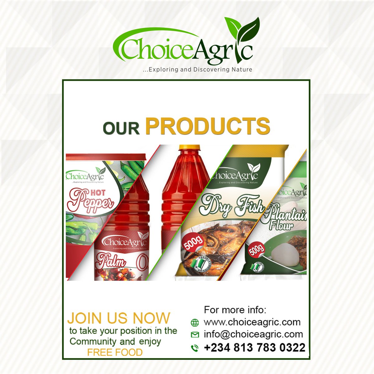 AgricChoice's tweet photo. At Choice Agric, we pride ourselves as the major producer of all agricultural produce. Join us today to enjoy free foods. Send us a DM/Call us to know more.

#agriculture #agricbusiness #techtuesday #food #foodindustry #production #foodproduction #foodsecurity https://t.co/q4CxbX4ueh
