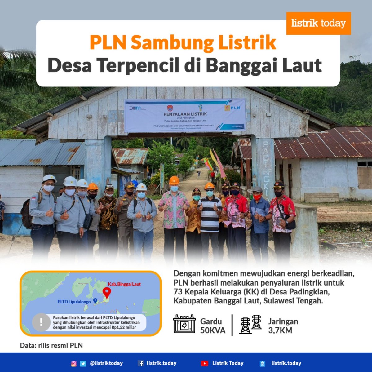 <a href="/_pln_id/">PT PLN (Persero)</a> Sambungkan Listrik di desa Terpencil di Banggai Laut

Komitmen PLN mewujudkan energi yang berkeadilan dengan menyalurkan listrik di daerah2 3T.
PLN berhasil melakukan penyaluran listrik kepada 73 kepala keluarga di Desa Padingkian, Kab. Banggai Laut,Sulteng
#ListrikToday