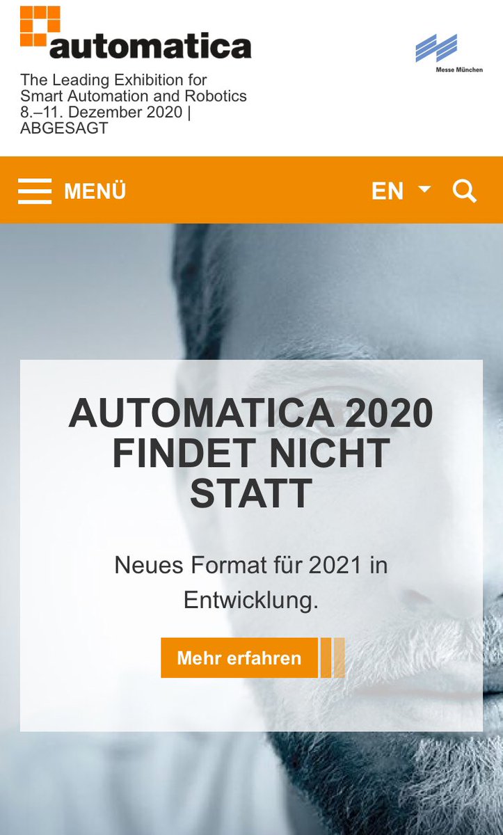 RoboPORT (@robo_port) on Twitter photo Seit gestern ist es Gewissheit! Die <a href="/automaticafair/">automatica</a> 2020 findet nicht statt, leider.
Damit geht für uns die Möglichkeit verloren unser Projekt zum #CrowdEngineering vor Ort auf <a href="/messemuenchen/">Messe München</a> zu präsentieren.
Wir freuen uns auf das neue Format! automatica-munich.com/de/ Seit gestern ist es Gewissheit! Die <a href="/automaticafair/">automatica</a> 2020 findet nicht statt, leider.
Damit geht für uns die Möglichkeit verloren unser Projekt zum #CrowdEngineering vor Ort auf <a href="/messemuenchen/">Messe München</a> zu präsentieren.
Wir freuen uns auf das neue Format! automatica-munich.com/de/