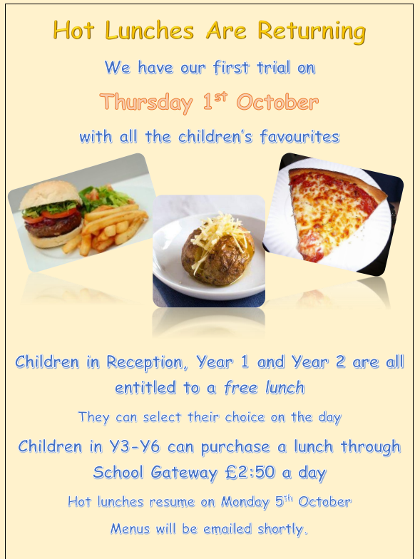 WormleyPrimary's tweet photo. Hot lunches are returning! Don't miss the trial on Thursday! https://t.co/Rhik3v9UdY