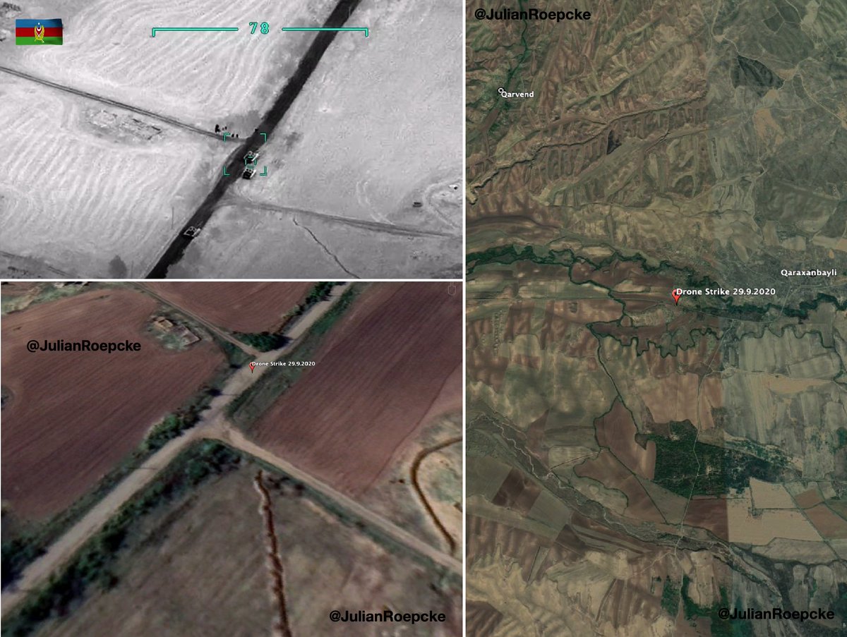  #NewsMap Geolocation of an Azeri drone strike on an Armenian tank, 1 km west of the village of Qaraxanbayli which Azerbaijan claimed it captured from Armenia two days ago. #Karabagh