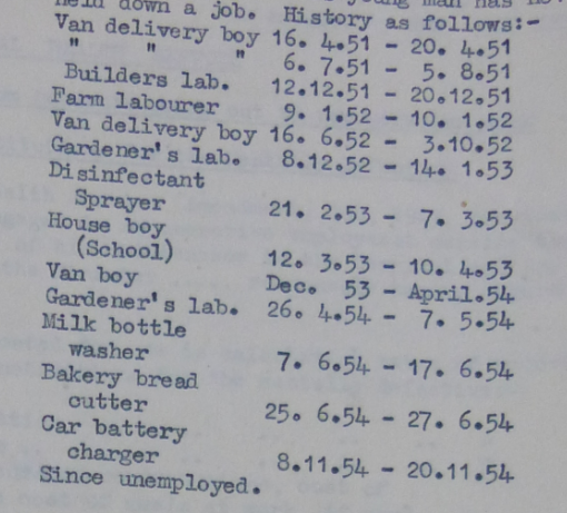 Here's a sample personal labour history, of an 18 year old with intellectual disabilities in 1950s Berkshire. But other disabled workers stayed in jobs for decades, particularly women in cleaning jobs (hospitals, hotels, private homes)