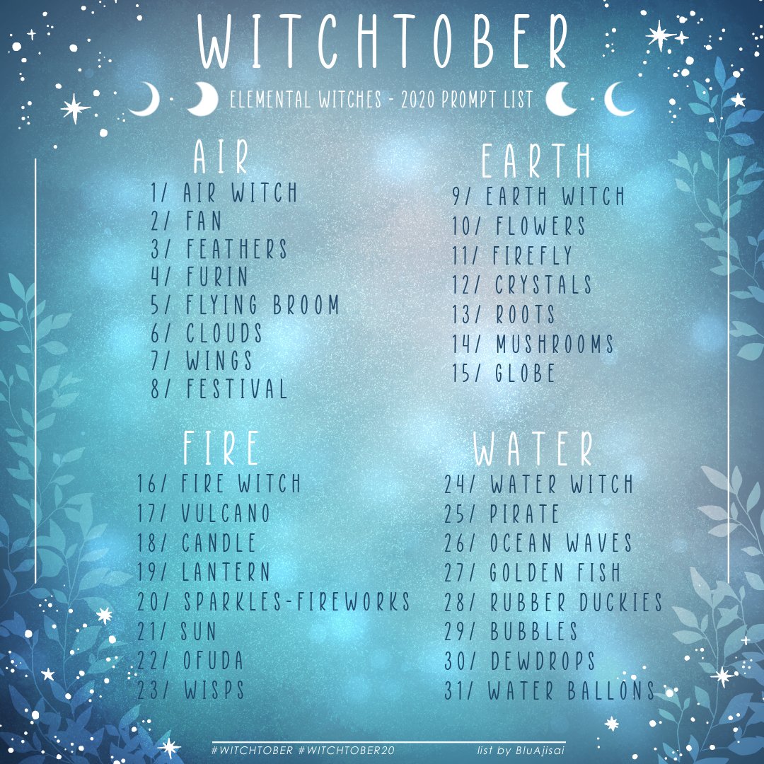 BluAjisai's tweet photo. ✦ WITCHTOBER ✦
Witches and elementals are my favourite combo, so here's my #promptlist for this October 2020🔮
Gonna stream these on the channel for the whole month
✨ Feel free to join the challenge ✨
#witchtober #Witchtober2020 #elementalwitches #bluajitober #artober2020 https://t.co/AmDf9acEXN