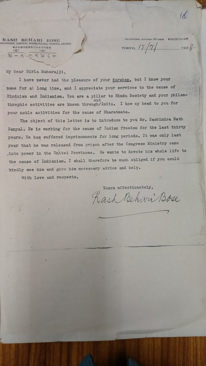 In 1938, Sachin Sanyal was released after a decade in prison. Rashbehari wrote a letter of introduction to GD Birla. Few know that GD Birla had helped the revolutionaries in the 1914 by hiding guns stolen from the Rodda arms heist. 4/n