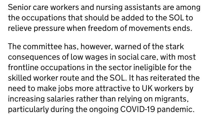 This is what the Migration Advisory Committee says about care workers and nursing assistants - vital during a pandemicThey warn of “stark consequences of low wages in social care”All this before the end of free movement at the end of the year