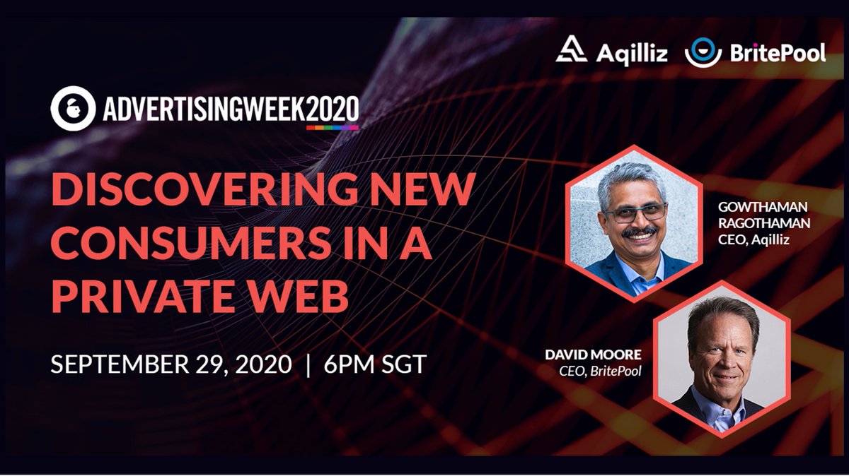 Our CEO <a href="/GowthamanR/">Gowthaman</a> and <a href="/BritePoolMedia/">BritePool | Identity Resolution</a> CEO <a href="/djmoore6552/">David J. Moore</a>'s presentation goes live in 30 minutes at #AW2020! Join us at 6pm SGT as they discuss the future of compliant consumer discovery and engagement. Do stay for the live Q&amp;A session at the end! bit.ly/2GcGpeL