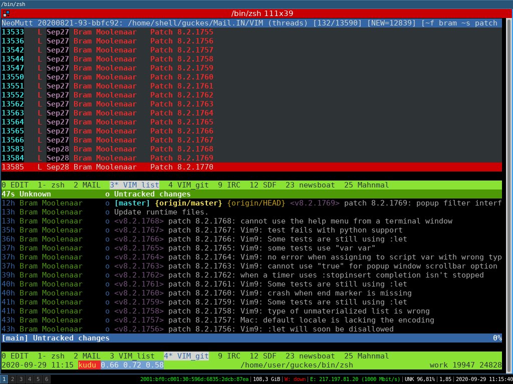 guckes's tweet photo. a #screenshot of the latest #vim patches by
Bram Moolenaar sent via the vim_dev maillist
- seen within mailer #neomutt and got viewer
#tig, both within a split view of #gnuscreen.

#linux #debian #i3 #terminator #scrot #texttools
@climagic @commandlinefu @UnixToolTip https://t.co/fmssIYSsHw