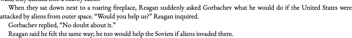 Senonlarealta's tweet photo. Alan Moore aveva ragione: i negoziati fra Reagan e Gorbaciov sul disarmo nucleare, tesi e infruttuosi all'inizio, si rilassarono e  portarono a qualcosa quando Gorbaciov confermò a Reagan che avrebbe difeso gli Usa fossero stati attaccati dagli alieni. Da The Bomb di @fmkaplan https://t.co/6KyTo9VoDy