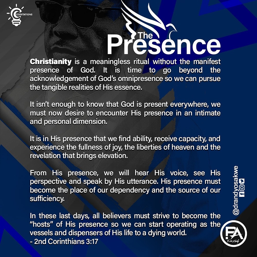 drandyosakwe's tweet photo. In this week’s #Cogitations, Pastor Andy highlights the reasons why we must begin to place greater value on God’s presence.

Visit https://t.co/EB4AN6erPW to download and listen to timely messages and spring into action. 

Join the global revival prayers on the same website. https://t.co/VqVOBcd1yK