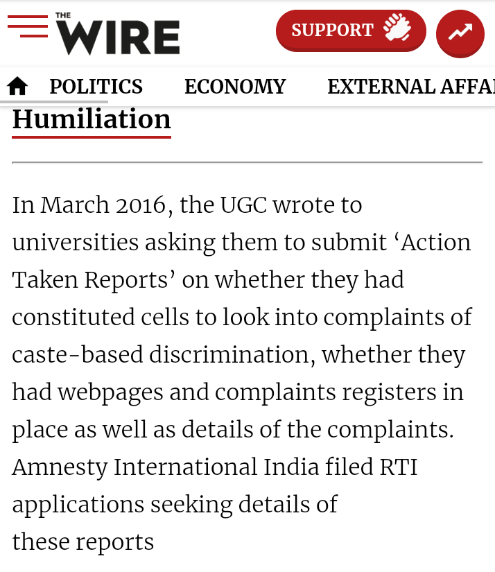 2) Amnesty India has once filed a RTI saying there is a class based discrimination in the Universities of India, citing a reference to ofcourse Rohit Vemula.