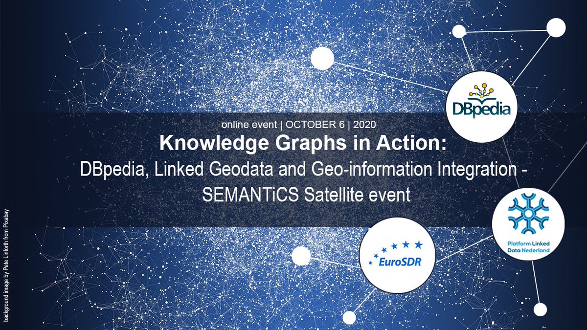 #OneWeekToGo #SaveTheDate On October 6, #DBpedia, @linkeddatanl  and @EuroSDR will organize the online Knowledge Graphs in Action event. Don't miss it: tinyurl.com/KGinAction @SemanticsConf  #linkeddata #KGiA #Geodata