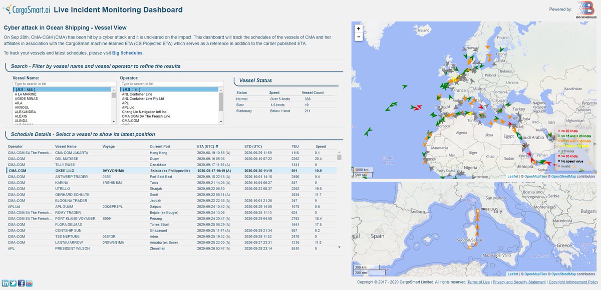 CargoSmart's tweet image. In response to the #cyberattack on the servers of CMA CGM, we have created a live monitoring dashboard that displays actual vessel locations, published ETA, and our dynamically updated projected ETAs based on predictive analytics. bit.ly/347WpXF